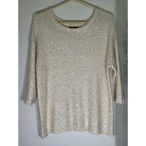 MNG Suit brand Sweater Cream Gold Sequin Metallic Women's Size Small Lightweight - Picture 1 of 9